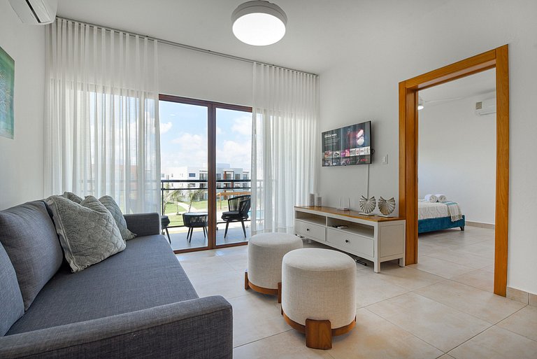 Apartamento vista a piscina, gym y cerca de playa