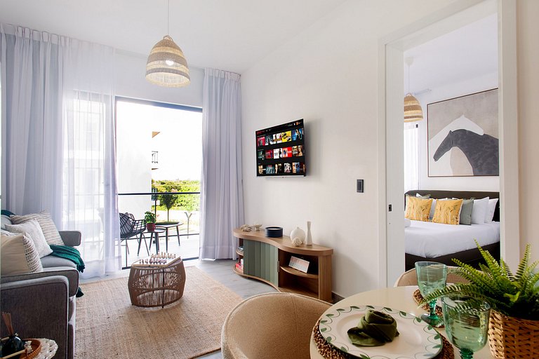 Apartamento 1BR piscina, golf y playa artificial